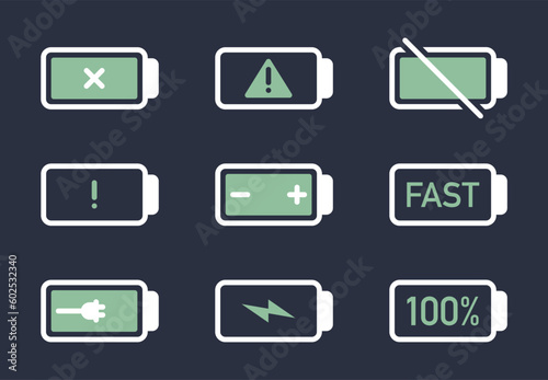 Battery charging indicators. Smartphone mobile phone icons, battery charge levels flat vector illustrations set