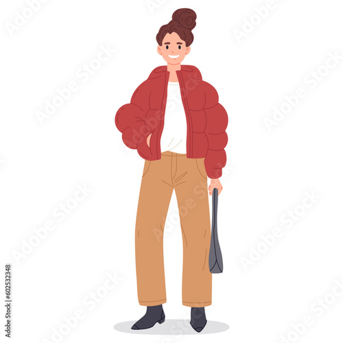 Fashionable young women. Stylish girl wearing casual outfit, elegant modern fashion look flat vector illustration