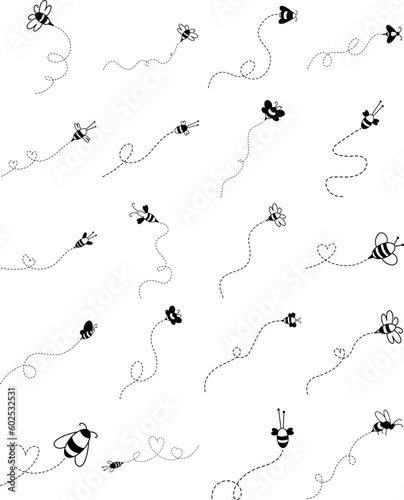 Set of flying bee line logo illustrations. Honey bee. Bee with flying paths.