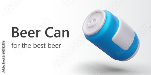 Blue 3D can for beer, carbonated drinks. Web page template with editable text. Sale of modern containers for drinks. Convenient portion packaging. Unlabeled 3D can, horizontal banner