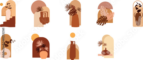 Set of boho flower with abstract shapes. Boho vases.