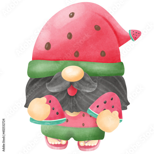 Summer gnome watermelon watercolor style