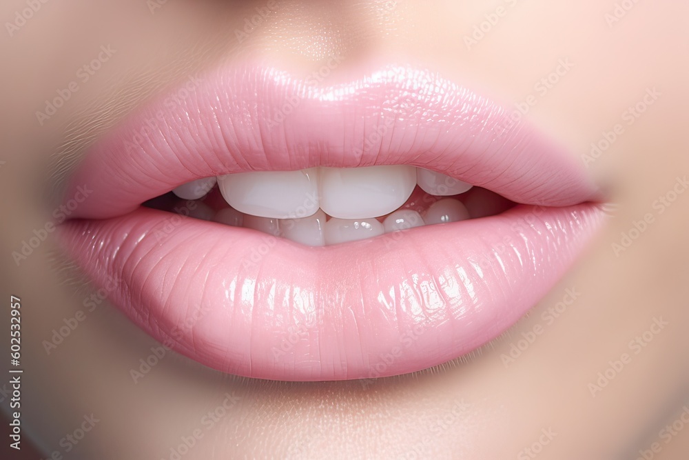 Natural Beauty. Close up of Woman's Carefully Nurtured Skin, Luscious Lips and Makeup. Generative AI illustrations. Natural Beauty. Close up of Woman's Carefully Nurtured Skin, Luscious Lips and Makeup. Generative AI illustrations.