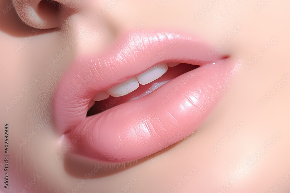 Natural Beauty. Close up of Woman's Carefully Nurtured Skin, Luscious Lips and Makeup. Generative AI illustrations. Natural Beauty. Close up of Woman's Carefully Nurtured Skin, Luscious Lips and Makeup. Generative AI illustrations.