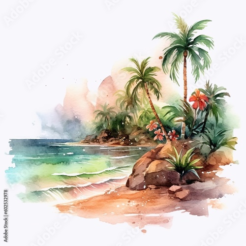 Wonderful tropical beach with palm tree. A beach scene with sea waves  some flowers and palm tree in background
