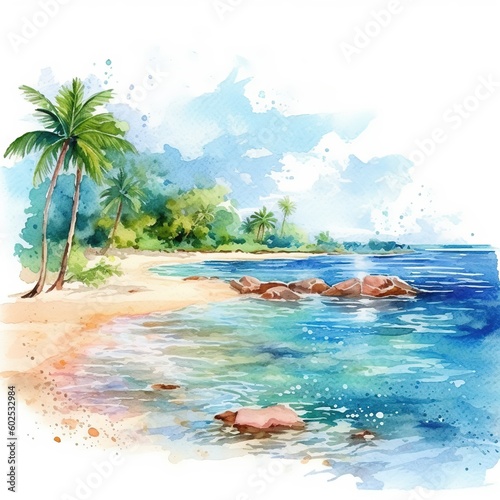 Fototapeta Naklejka Na Ścianę i Meble -  Wonderful tropical beach with palm tree. A beach scene with sea waves, some flowers and palm tree in background