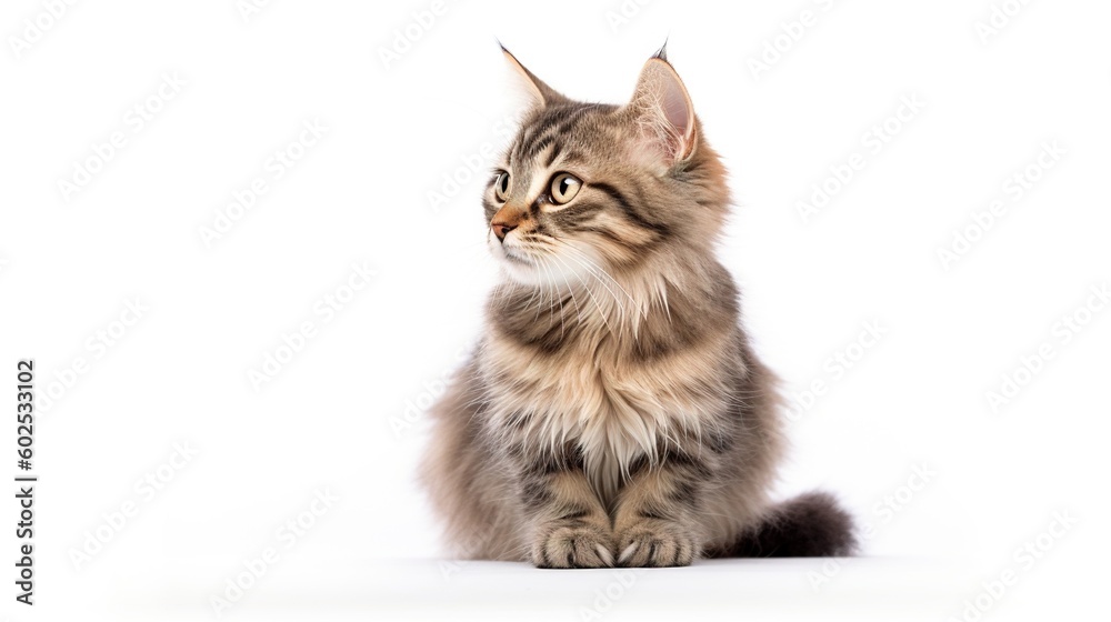 Beautiful grey and white cat on a white background. Generative AI
