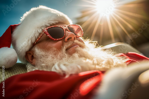 A chubby Santa Claus is lying on a lounger by the pool, wearing sunglasses, and enjoying his summer vacation - ai geerative photo