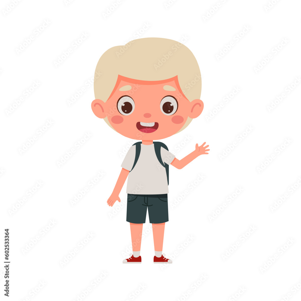 Cute cartoon little boy with blond hair and the backpack waving his hand hello. Little schoolboy character. Vector illustration