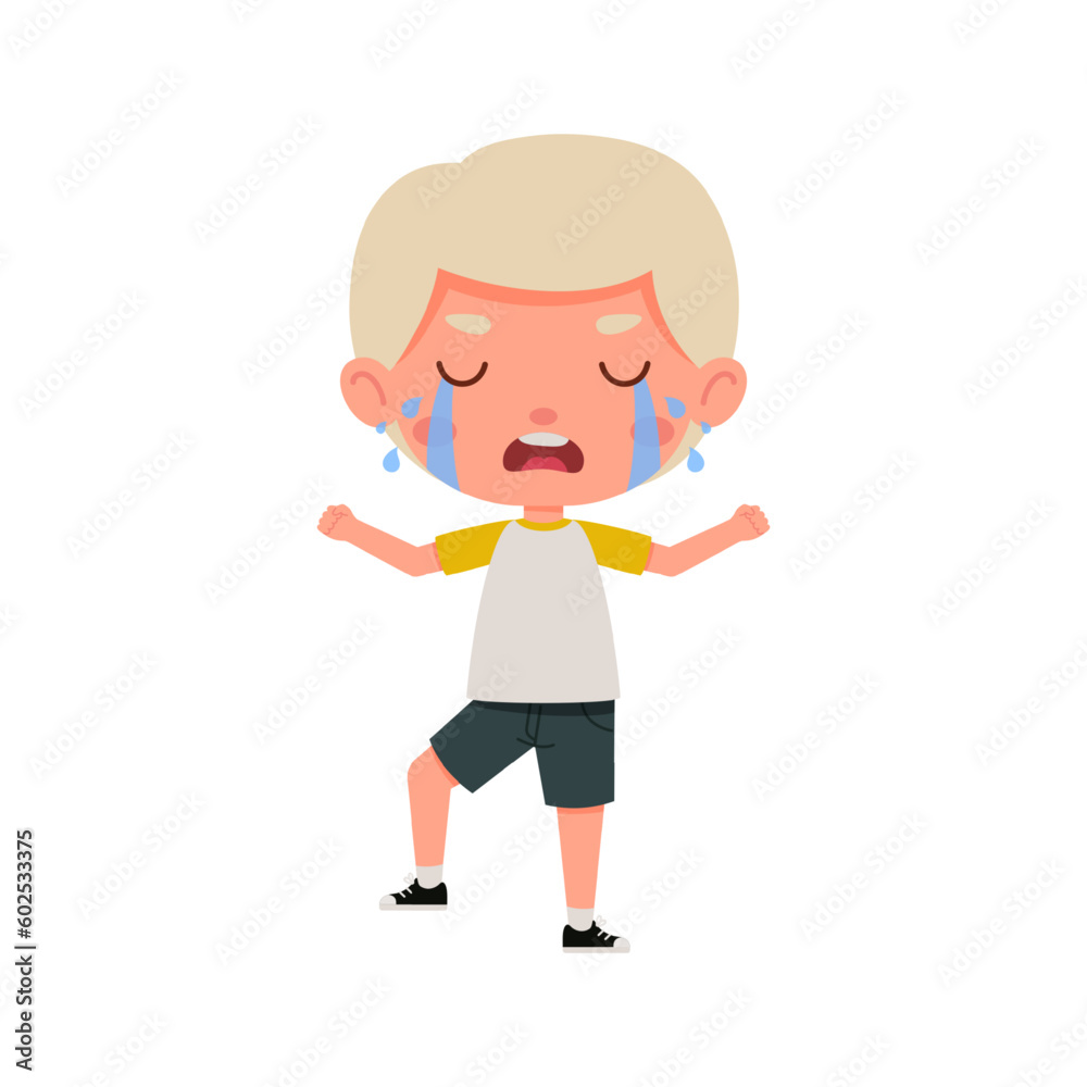 Cute little kid boy with blond hair cry. Cartoon schoolboy character show facial expression. Vector illustration Cute little kid boy with blond hair cry. Cartoon schoolboy character show facial expression. Vector illustration