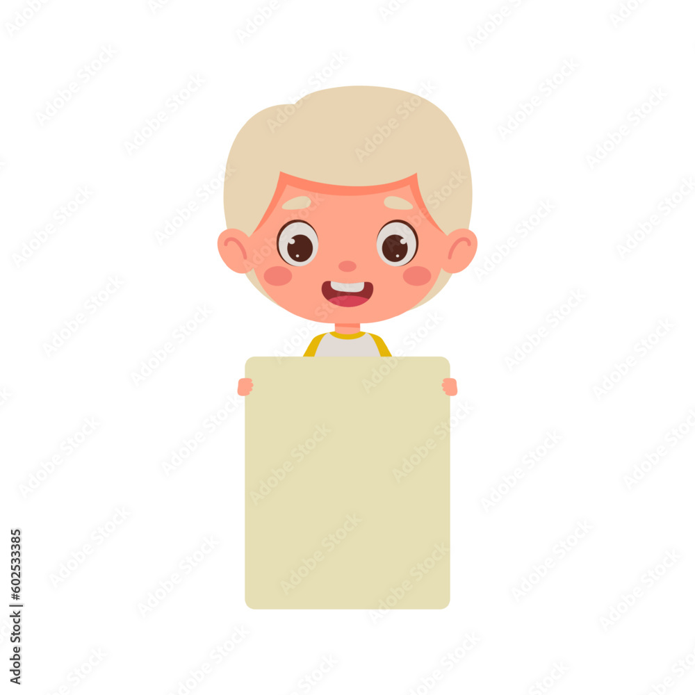Cute little kid boy with blond hair holding empty blank board. Cartoon child character. Vector illustration Cute little kid boy with blond hair holding empty blank board. Cartoon child character. Vector illustration