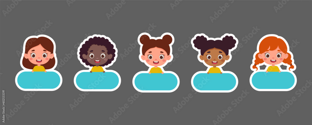 Cute kid girl name tags for school. Sticky labels set for children name. Cute cartoon kids shaped notepads, memo pad, flag markers for office school, scrapbooking, print. Vector stock illustration