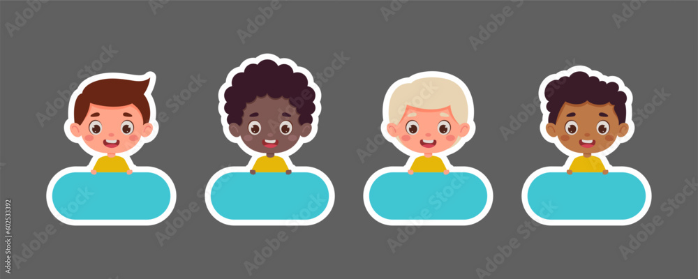 Cute kid boy name tags for school. Sticky labels set for children name. Cute cartoon kids shaped notepads, memo pad, flag markers for office school, scrapbooking, print. Vector stock illustration
