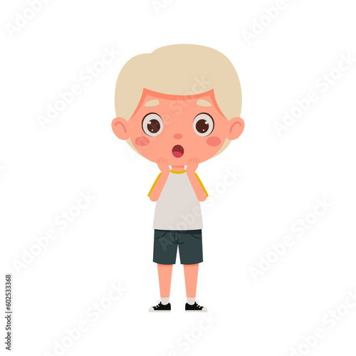 Cute cartoon little scary boy with blond hair. Little schoolboy character show facial expression. Vector illustration