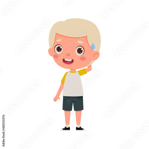 Cute little kid boy with blond hair confused. Cartoon schoolboy character show facial expression. Vector illustration