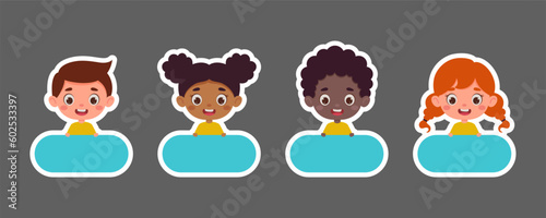 Cute kid boy and girl name tags for school. Sticky labels set for children name. Cute cartoon kids shaped notepads, flag markers for office school, scrapbooking, print. Vector stock illustration