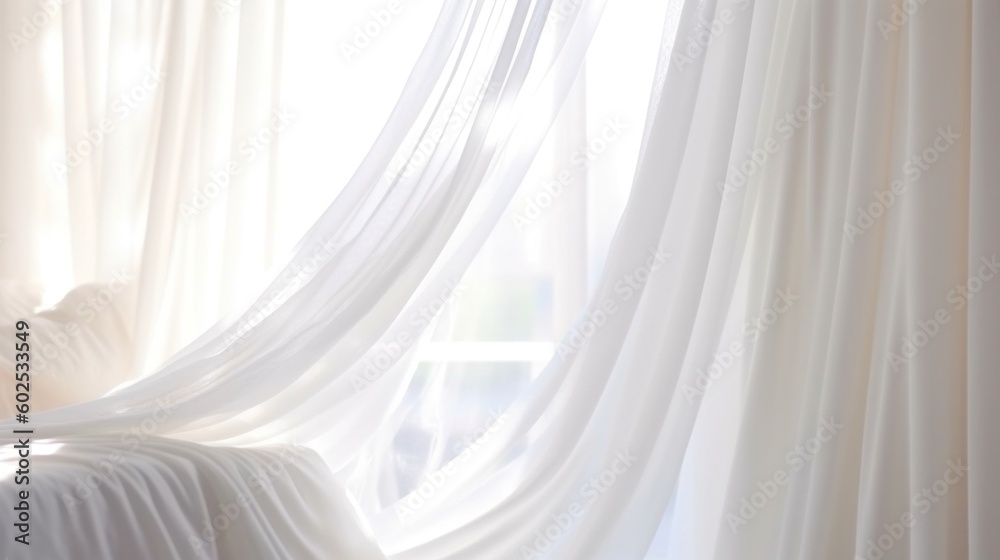Close up of clean, white soft drapery sheer fabric curtain drapes in beautiful sunlight in luxury bedroom. Generative AI. - obrazy, fototapety, plakaty 