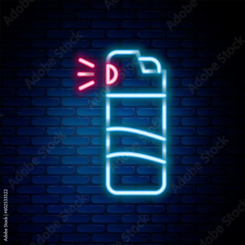 Glowing neon line Pepper spray icon isolated on brick wall background. OC gas. Capsicum self defense aerosol. Colorful outline concept. Vector