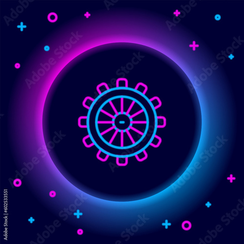 Glowing neon line Ship steering wheel icon isolated on black background. Colorful outline concept. Vector