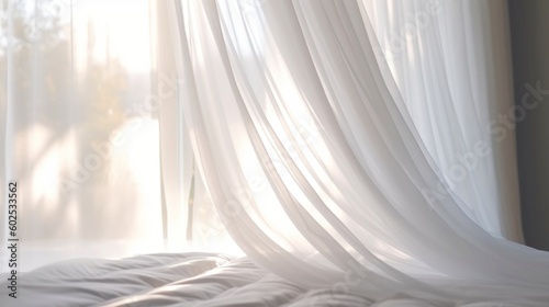 Close up of clean, white soft drapery sheer fabric curtain drapes in beautiful sunlight in luxury bedroom. Generative AI.
