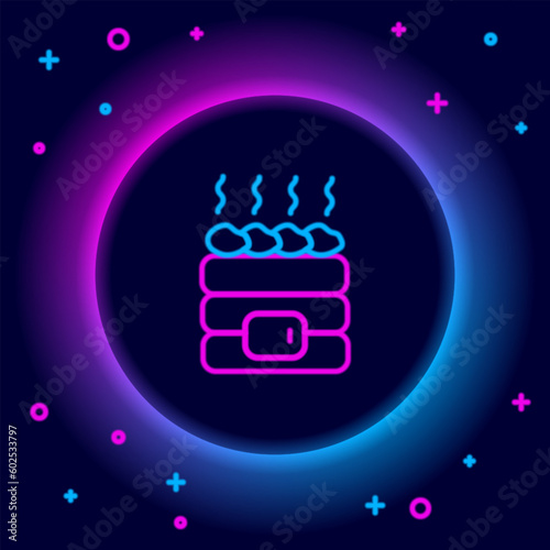 Glowing neon line Hot sauna stones icon isolated on black background. Spa resort recreation, bathhouse relaxation. Hot stones on electric heater. Colorful outline concept. Vector