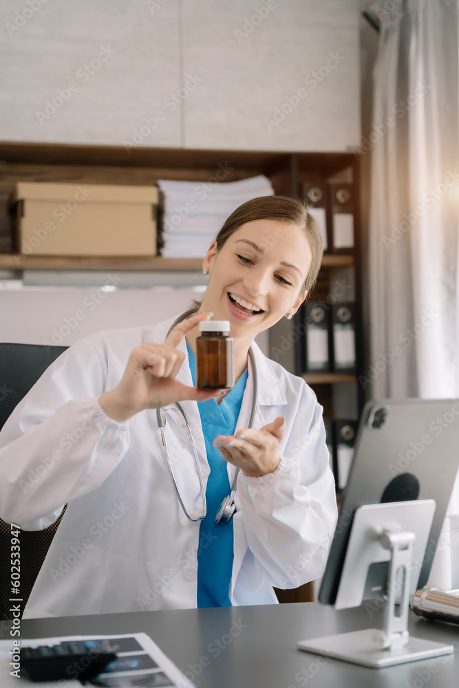 Pharmacist conducts video consultation, communicates with patient via an online conference, uses tablet, diagnoses, recommended and prescribed medications, and also answers questions. Pharmacist conducts video consultation, communicates with patient via an online conference, uses tablet, diagnoses, recommended and prescribed medications, and also answers questions.