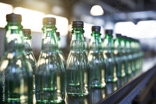 A Line of Plastic Bottles Filled with Beverages.Generative AI