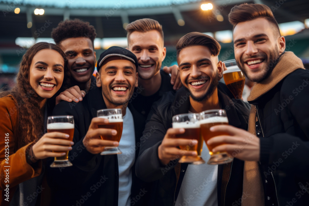 Obraz premium Group of friends drinking beer at the stadium. Generative AI illustration.