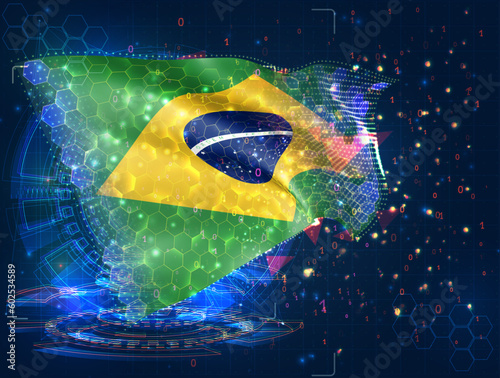 Brazil,  vector flag, virtual abstract 3D object from triangular polygons on a blue background