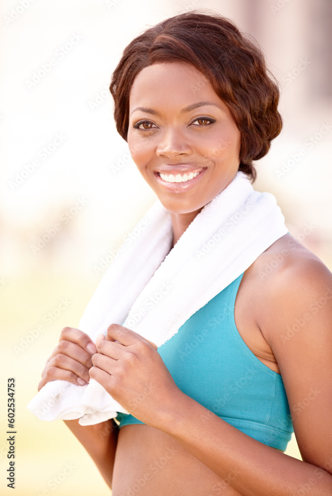 Fitness towel, black woman and happy portrait with smile from exercise and sport. Workout, African person and female face feeling healthy and beautiful from sports training and wellness empowerment Fitness towel, black woman and happy portrait with smile from exercise and sport. Workout, African person and female face feeling healthy and beautiful from sports training and wellness empowerment