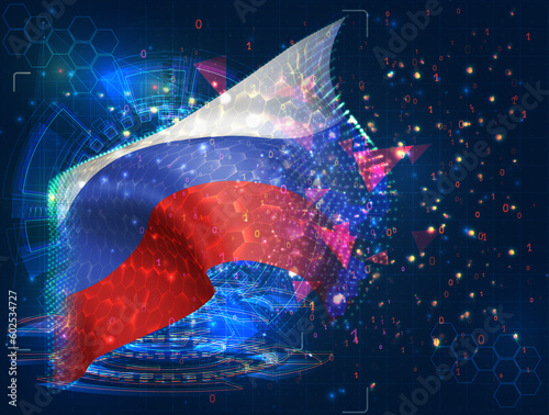 Russia,  vector flag, virtual abstract 3D object from triangular polygons on a blue background