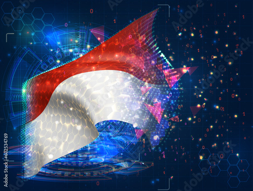 Indonesia, Monaco,  vector flag, virtual abstract 3D object from triangular polygons on a blue background