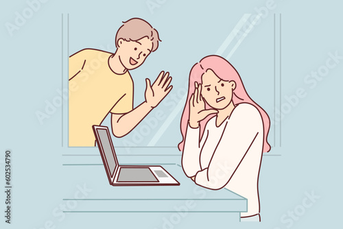 Woman ignores annoying man stalker who wants to start romantic relationship or inviting on date