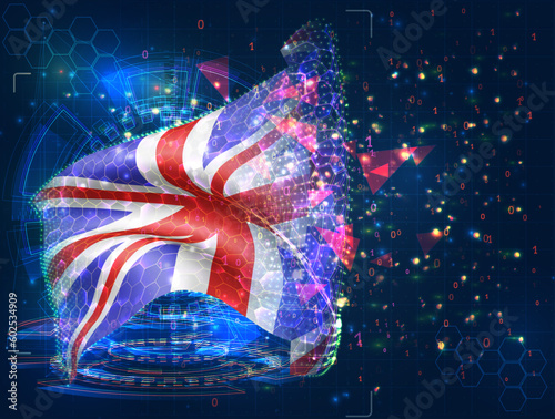 England,  vector flag, virtual abstract 3D object from triangular polygons on a blue background