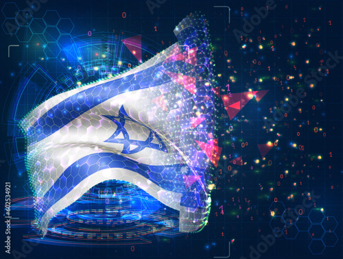 Israel,  vector flag, virtual abstract 3D object from triangular polygons on a blue background