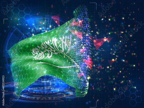 Saudi Arabia,  vector flag, virtual abstract 3D object from triangular polygons on a blue background