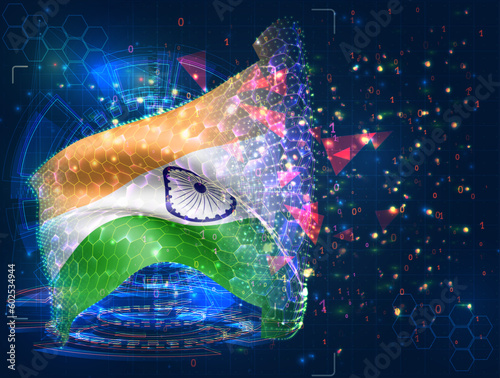 India,  vector flag, virtual abstract 3D object from triangular polygons on a blue background
