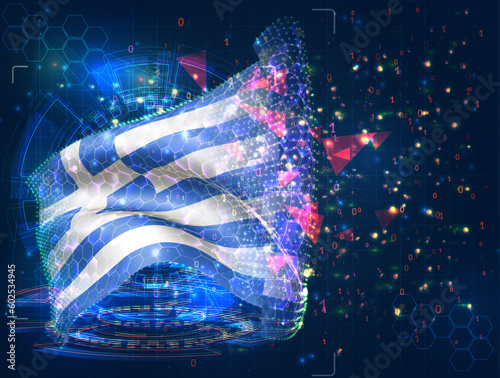 Greece,  vector flag, virtual abstract 3D object from triangular polygons on a blue background