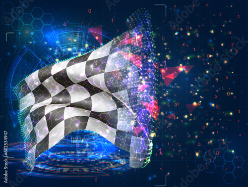 Finish,  vector flag, virtual abstract 3D object from triangular polygons on a blue background