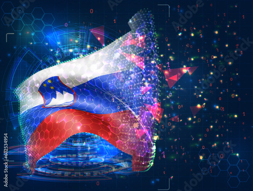 Slovenia,  vector flag, virtual abstract 3D object from triangular polygons on a blue background