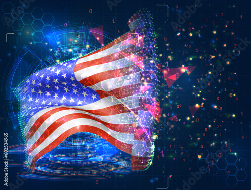USA, America,  vector flag, virtual abstract 3D object from triangular polygons on a blue background