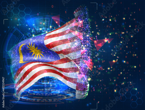 Malaysia,  vector flag, virtual abstract 3D object from triangular polygons on a blue background