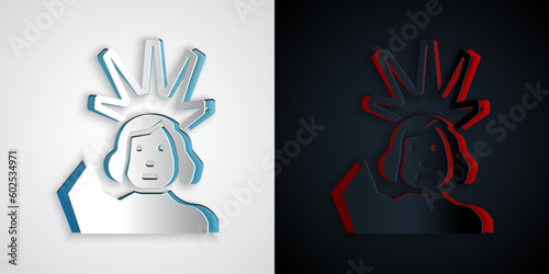 Paper cut Statue of Liberty icon isolated on grey and black background. New York, USA. Paper art style. Vector