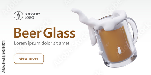 Horizontal template with beer mug and text. 3D drink with white foam splashes out of glass mug. Title, description, place for logo, view more button. Color illustration for design of web page