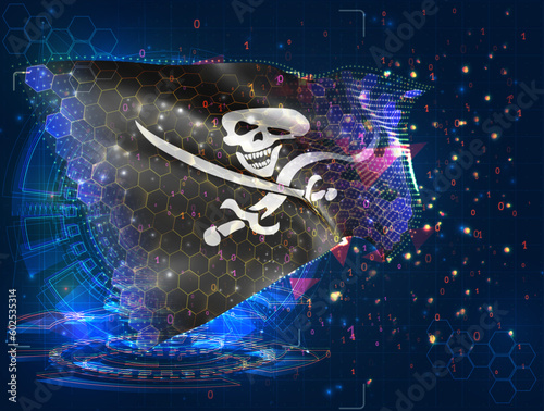 Pirate,  vector flag, virtual abstract 3D object from triangular polygons on a blue background