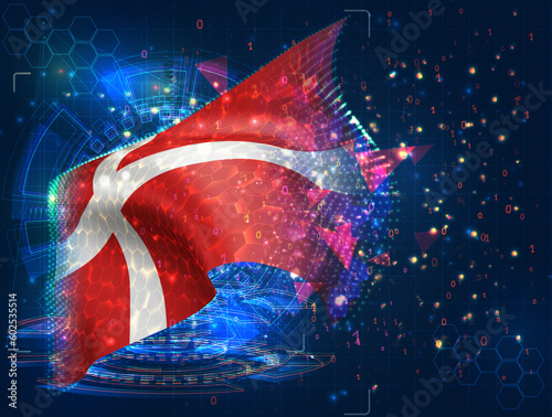 Denmark,  vector flag, virtual abstract 3D object from triangular polygons on a blue background