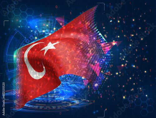 Turkey,  vector flag, virtual abstract 3D object from triangular polygons on a blue background
