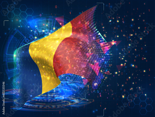 Romania,  vector flag, virtual abstract 3D object from triangular polygons on a blue background