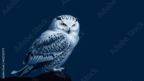 Cute snowy owl on blue background. IA generative photo