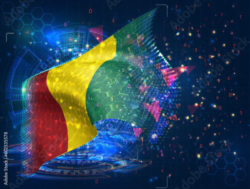 Guinea,  vector flag, virtual abstract 3D object from triangular polygons on a blue background